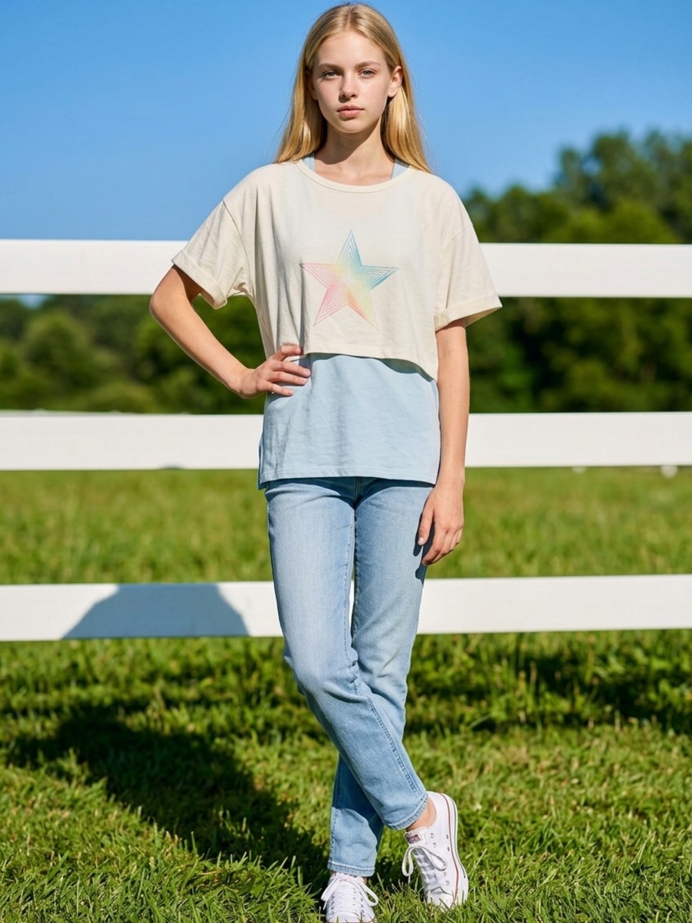 NWT Xersion White Crop Tee with Pastel Parchment Graphic Over Blue Tank Sz L 14
